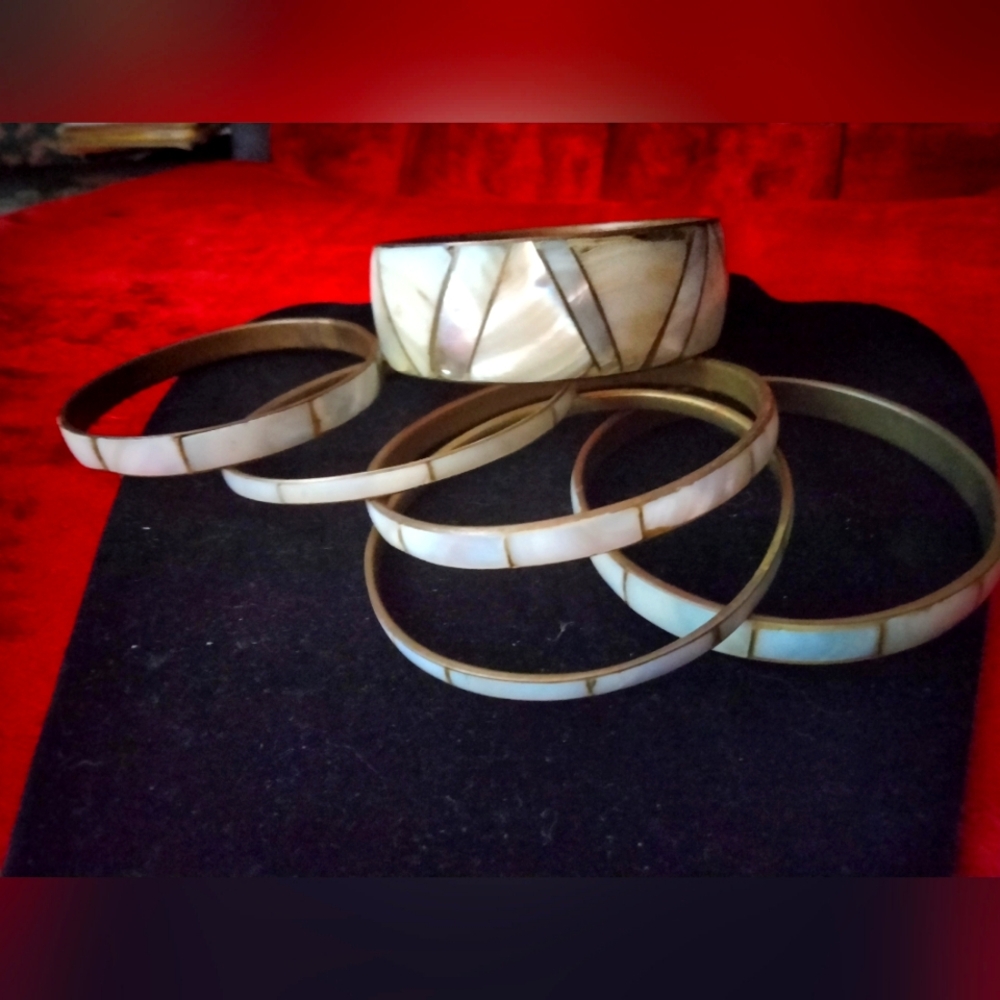 Vintage Brass and Mother Of Pearl bangle set of 6